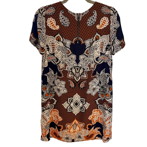 Express Short Sleeve Navy & Burnt Orange Arsty Rayon Paisley Shift Dress - Picture 7 of 11